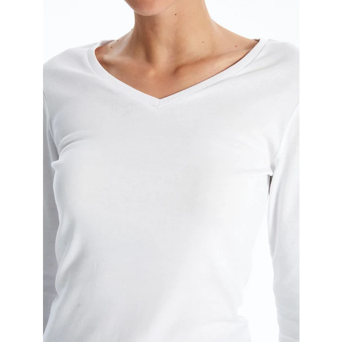 LCWAIKIKI Basic Ekru V Yaka Düz Uzun Kollu Kadın Tişört