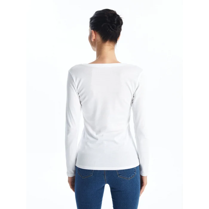 LCWAIKIKI Basic Ekru V Yaka Düz Uzun Kollu Kadın Tişört