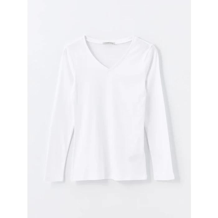 LCWAIKIKI Basic Ekru V Yaka Düz Uzun Kollu Kadın Tişört