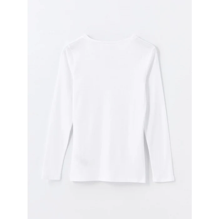 LCWAIKIKI Basic Ekru V Yaka Düz Uzun Kollu Kadın Tişört