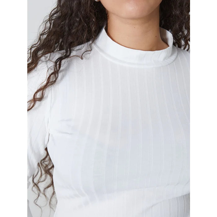 LCWAIKIKI Basic Ekru Dik Yaka Düz Uzun Kollu Kadın Body