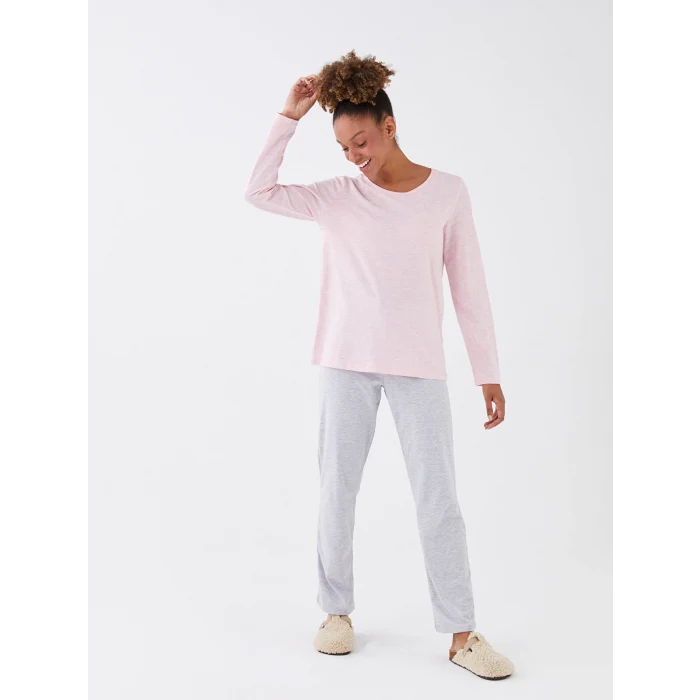 LCW DREAM Pembe Bisiklet Yaka Düz Uzun Kollu Kadın Pijama Takımı