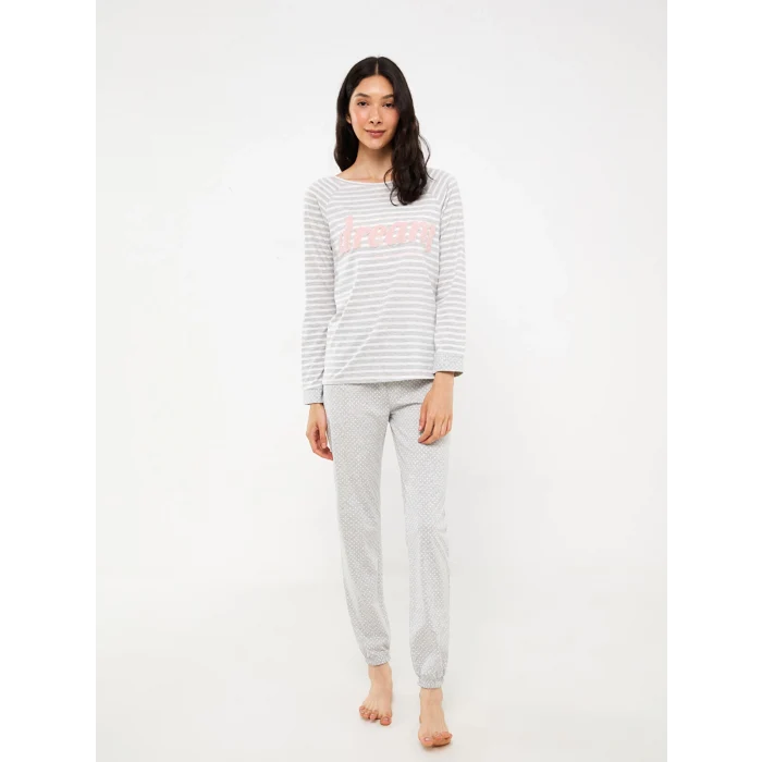 LCW DREAM Gri Bisiklet Yaka Çizgili Uzun Kollu Kadın Pijama Takımı