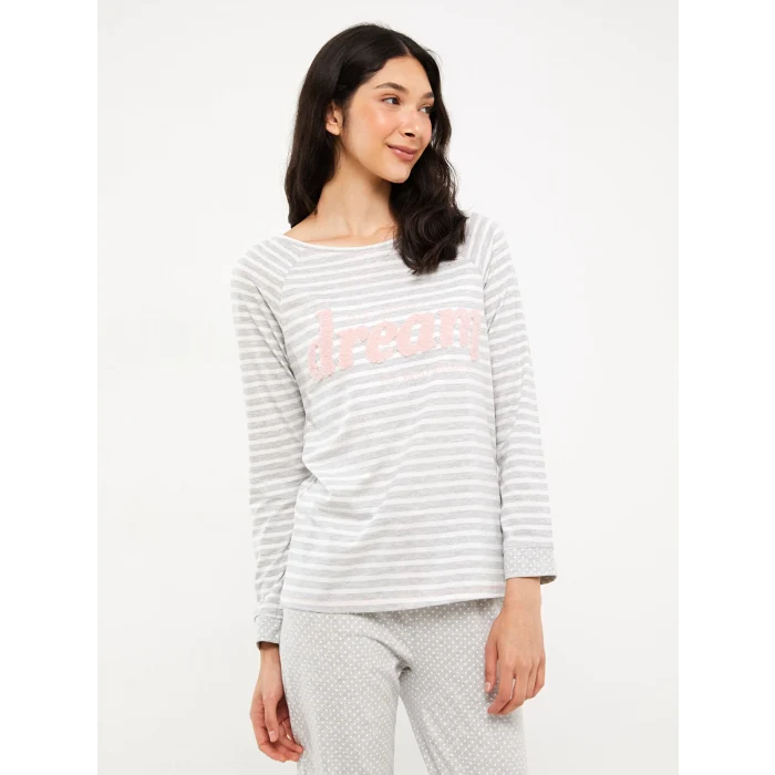LCW DREAM Gri Bisiklet Yaka Çizgili Uzun Kollu Kadın Pijama Takımı