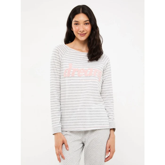 LCW DREAM Gri Bisiklet Yaka Çizgili Uzun Kollu Kadın Pijama Takımı