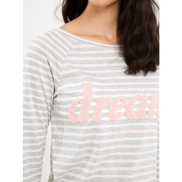 LCW DREAM Gri Bisiklet Yaka Çizgili Uzun Kollu Kadın Pijama Takımı
