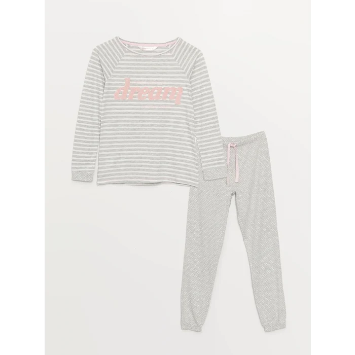 LCW DREAM Gri Bisiklet Yaka Çizgili Uzun Kollu Kadın Pijama Takımı