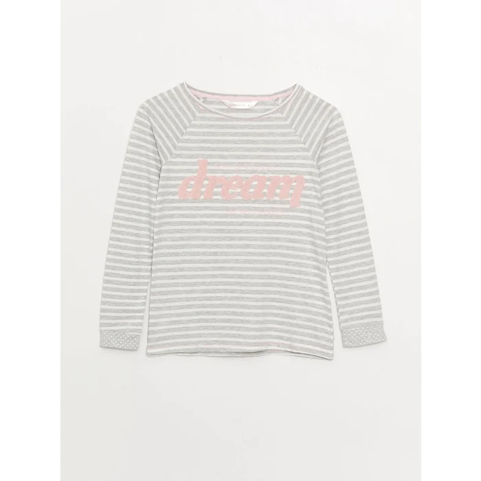 LCW DREAM Gri Bisiklet Yaka Çizgili Uzun Kollu Kadın Pijama Takımı