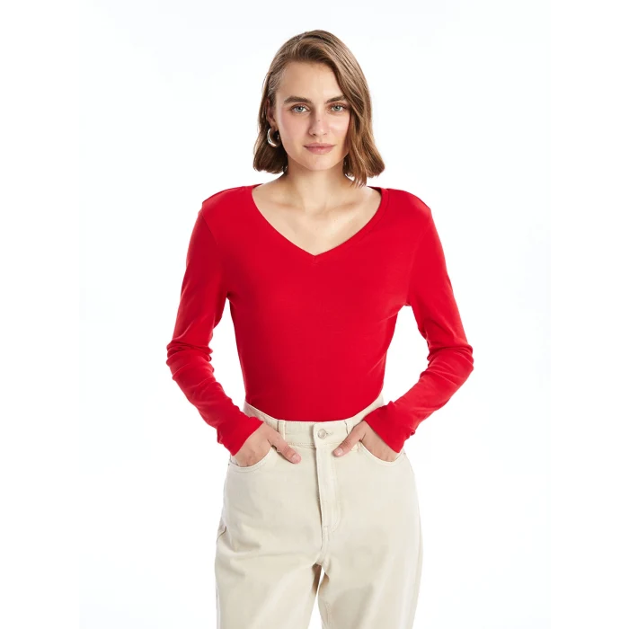 LCWAIKIKI Basic Kirmizi V Yaka Düz Uzun Kollu Kadın Tişört