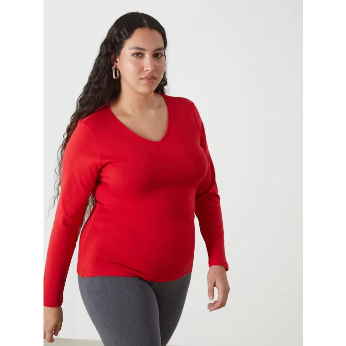 LCWAIKIKI Basic Kirmizi V Yaka Düz Uzun Kollu Kadın Tişört