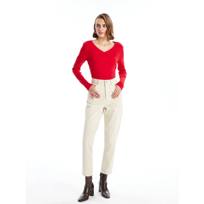 LCWAIKIKI Basic Kirmizi V Yaka Düz Uzun Kollu Kadın Tişört