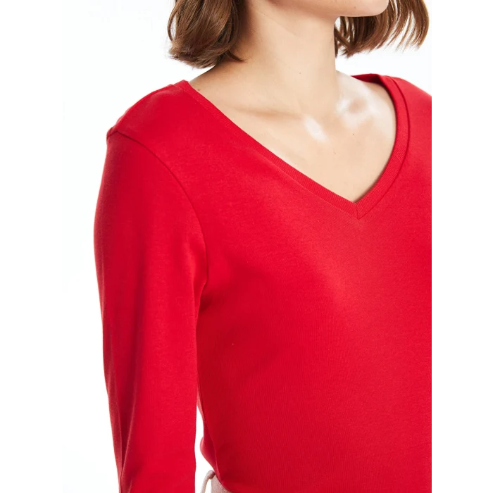 LCWAIKIKI Basic Kirmizi V Yaka Düz Uzun Kollu Kadın Tişört