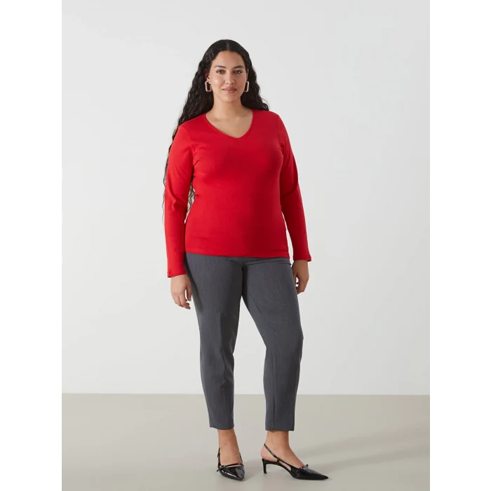 LCWAIKIKI Basic Kirmizi V Yaka Düz Uzun Kollu Kadın Tişört