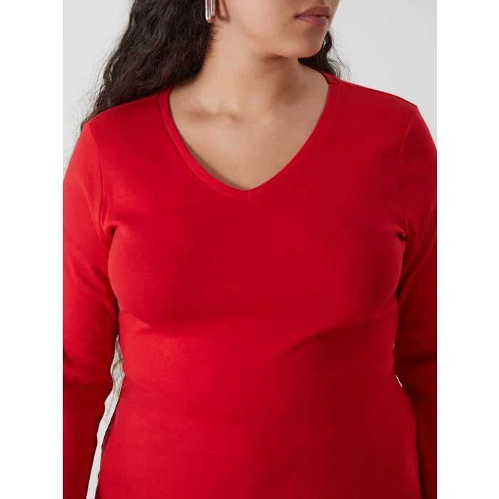 LCWAIKIKI Basic Kirmizi V Yaka Düz Uzun Kollu Kadın Tişört