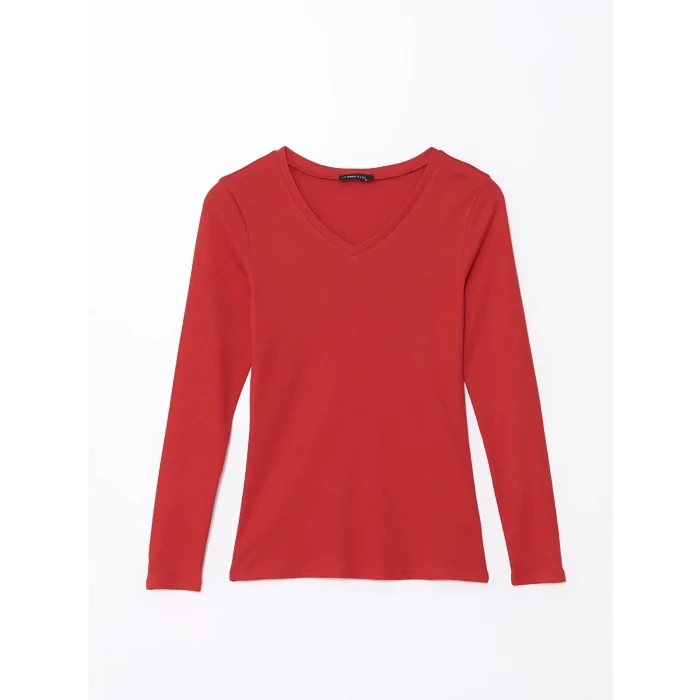LCWAIKIKI Basic Kirmizi V Yaka Düz Uzun Kollu Kadın Tişört
