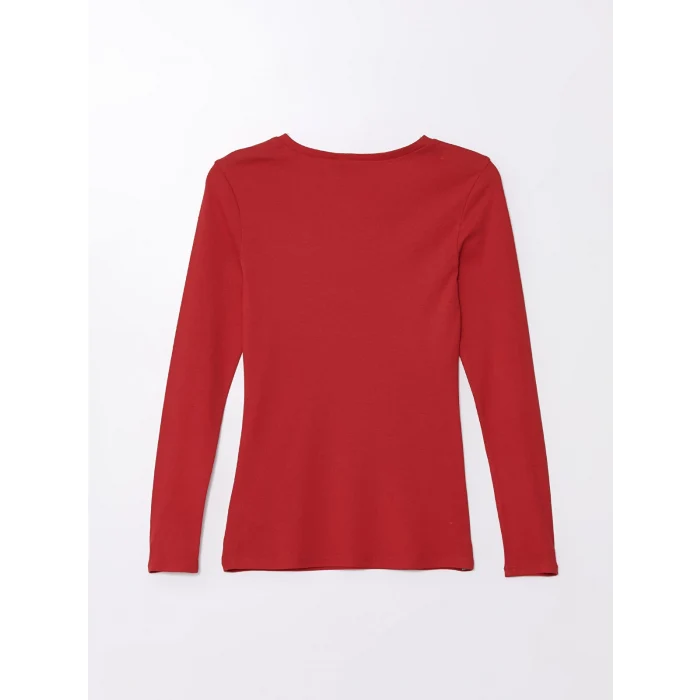 LCWAIKIKI Basic Kirmizi V Yaka Düz Uzun Kollu Kadın Tişört