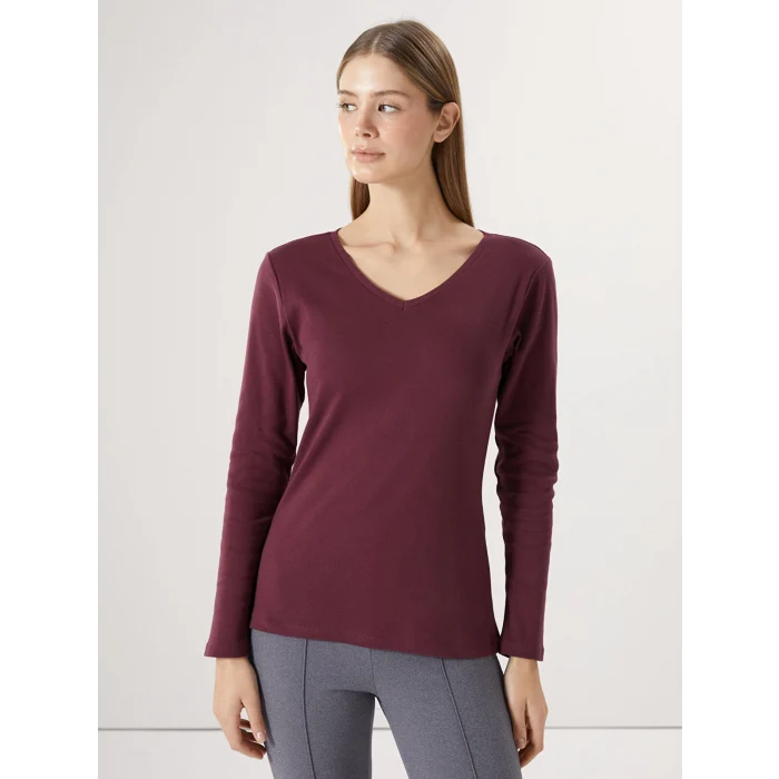 LCWAIKIKI Basic Mürdüm V Yaka Düz Uzun Kollu Kadın Tişört