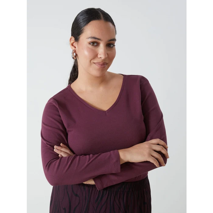 LCWAIKIKI Basic Mürdüm V Yaka Düz Uzun Kollu Kadın Tişört