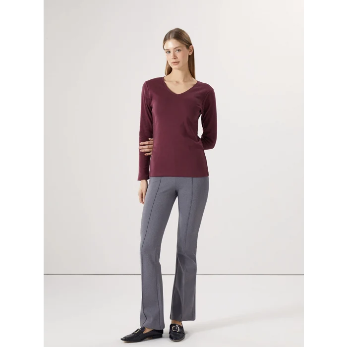 LCWAIKIKI Basic Mürdüm V Yaka Düz Uzun Kollu Kadın Tişört