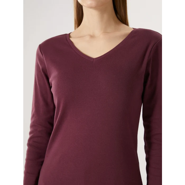 LCWAIKIKI Basic Mürdüm V Yaka Düz Uzun Kollu Kadın Tişört