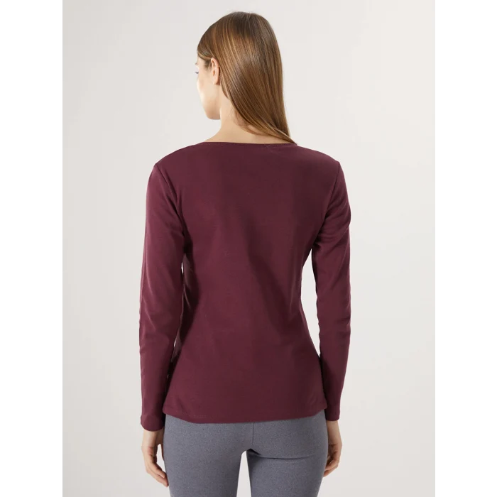 LCWAIKIKI Basic Mürdüm V Yaka Düz Uzun Kollu Kadın Tişört