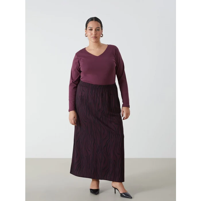 LCWAIKIKI Basic Mürdüm V Yaka Düz Uzun Kollu Kadın Tişört