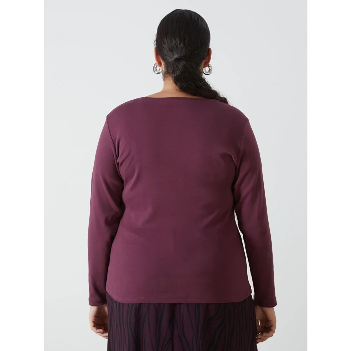 LCWAIKIKI Basic Mürdüm V Yaka Düz Uzun Kollu Kadın Tişört