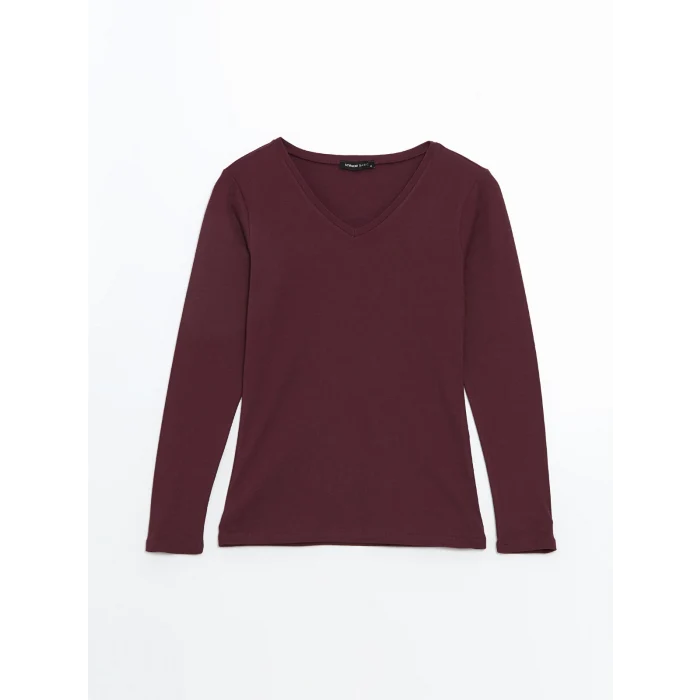 LCWAIKIKI Basic Mürdüm V Yaka Düz Uzun Kollu Kadın Tişört