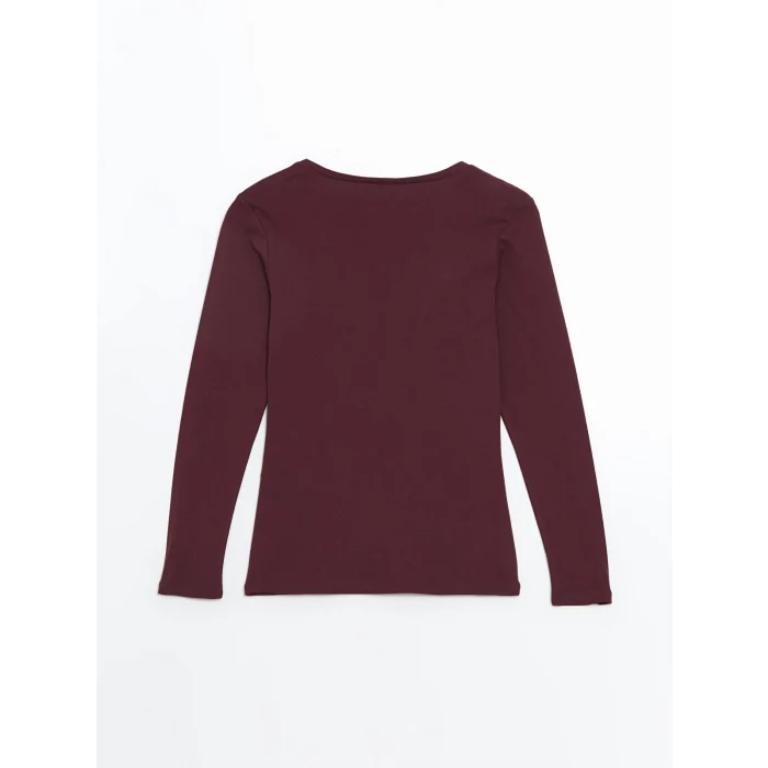 LCWAIKIKI Basic Mürdüm V Yaka Düz Uzun Kollu Kadın Tişört