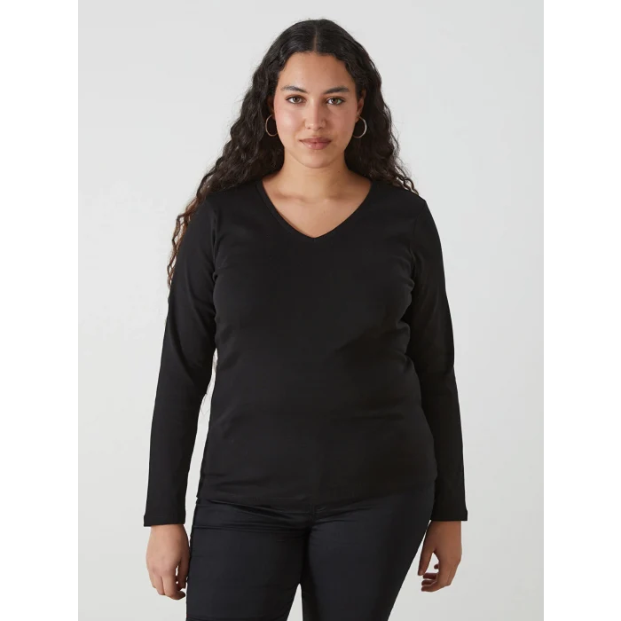 LCWAIKIKI Basic Siyah V Yaka Düz Uzun Kollu Kadın Tişört