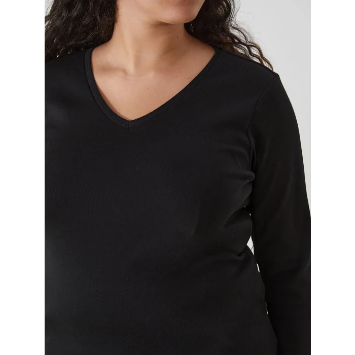 LCWAIKIKI Basic Siyah V Yaka Düz Uzun Kollu Kadın Tişört