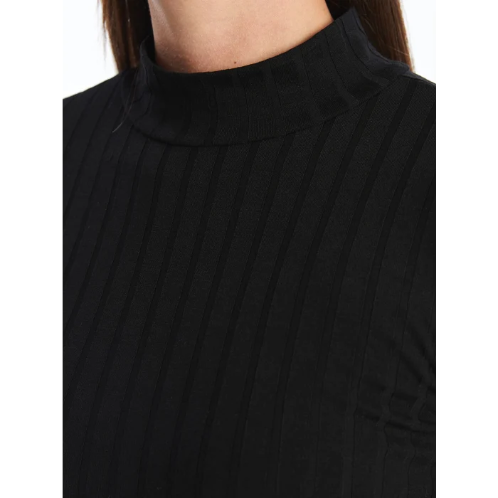 LCWAIKIKI Basic Siyah Dik Yaka Düz Uzun Kollu Kadın Body