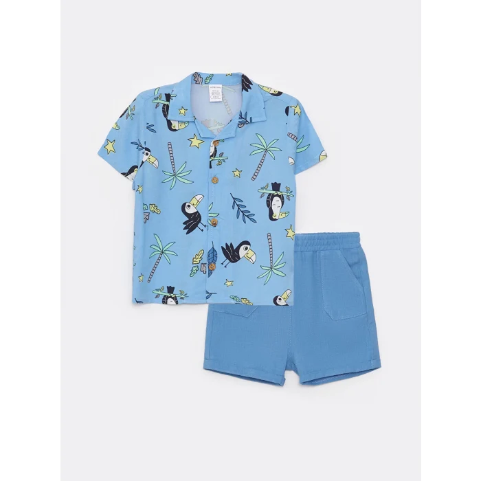 LCW baby Mavi Kısa Kollu Desenli Erkek Bebek Gömlek ve Şort 2li Takım