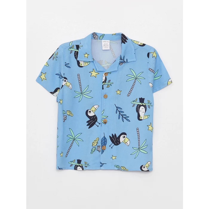 LCW baby Mavi Kısa Kollu Desenli Erkek Bebek Gömlek ve Şort 2li Takım