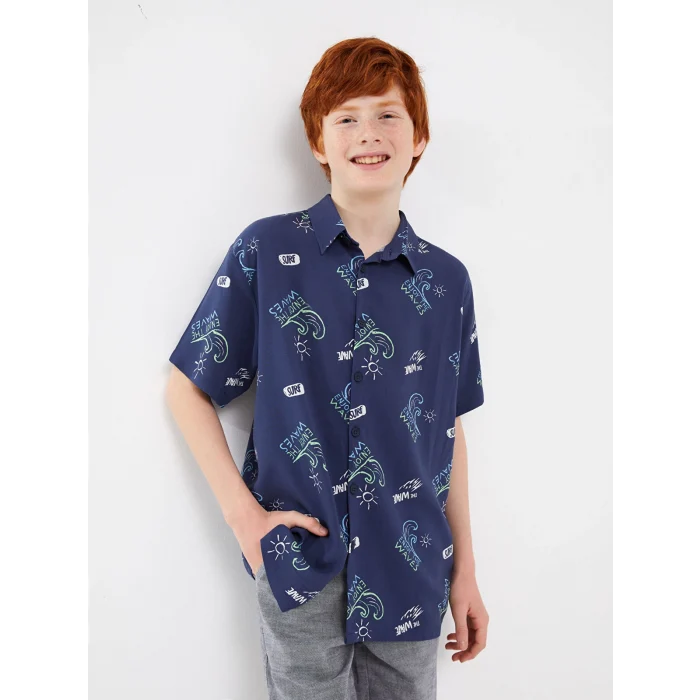 LCW Kids Lacivert Rahat Kalıp Desenli Erkek Çocuk Gömlek