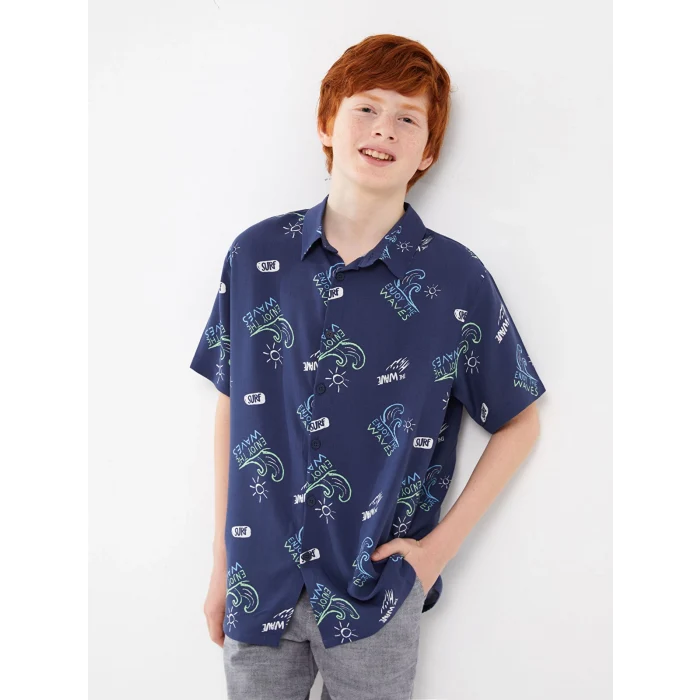 LCW Kids Lacivert Rahat Kalıp Desenli Erkek Çocuk Gömlek