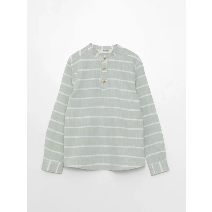 LCW Kids Yeşil Hakim Yaka Çizgili Uzun Kollu Gabardin Erkek Çocuk Gömlek
