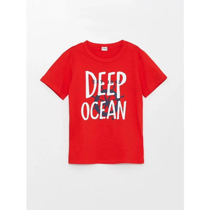 LCW Kids Kirmizi Bisiklet Yaka Baskılı Kısa Kollu Erkek Çocuk Tişört ve Eşofman Altı