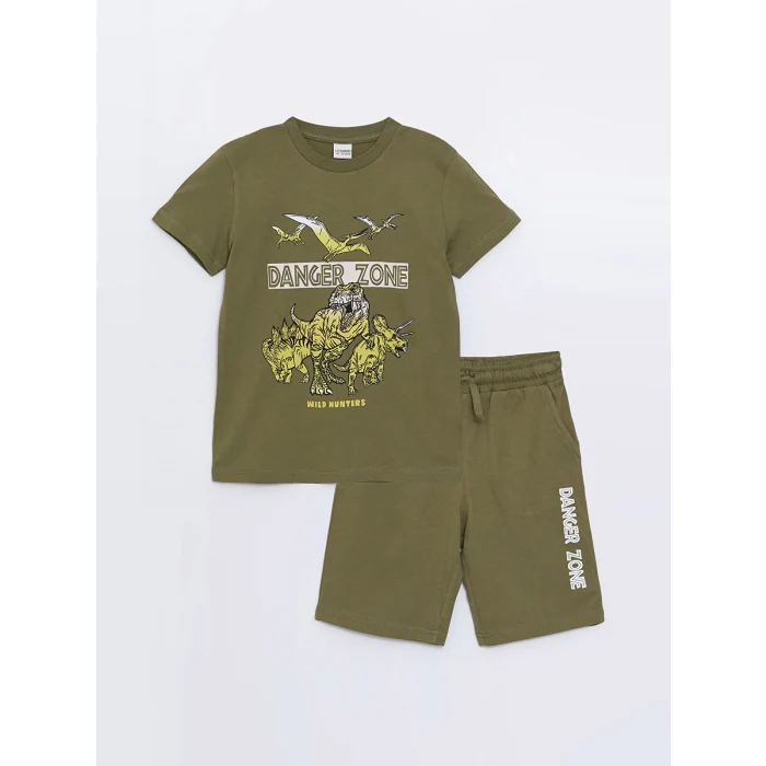 LCW Kids Haki Bisiklet Yaka Baskılı Kısa Kollu Erkek Çocuk Tişört ve Şort
