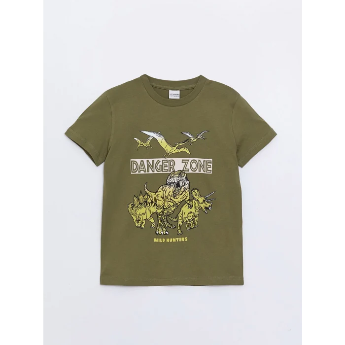 LCW Kids Haki Bisiklet Yaka Baskılı Kısa Kollu Erkek Çocuk Tişört ve Şort