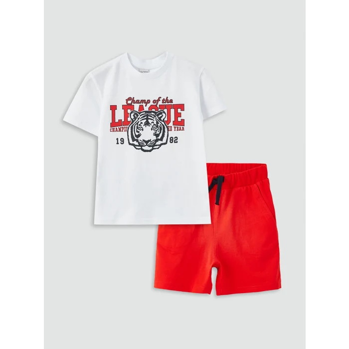 LCW Kids Beyaz Bisiklet Yaka Baskılı Kısa Kollu Erkek Çocuk Tişört ve Şort