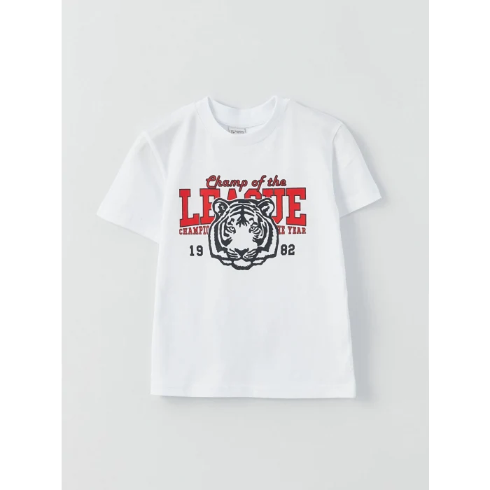 LCW Kids Beyaz Bisiklet Yaka Baskılı Kısa Kollu Erkek Çocuk Tişört ve Şort