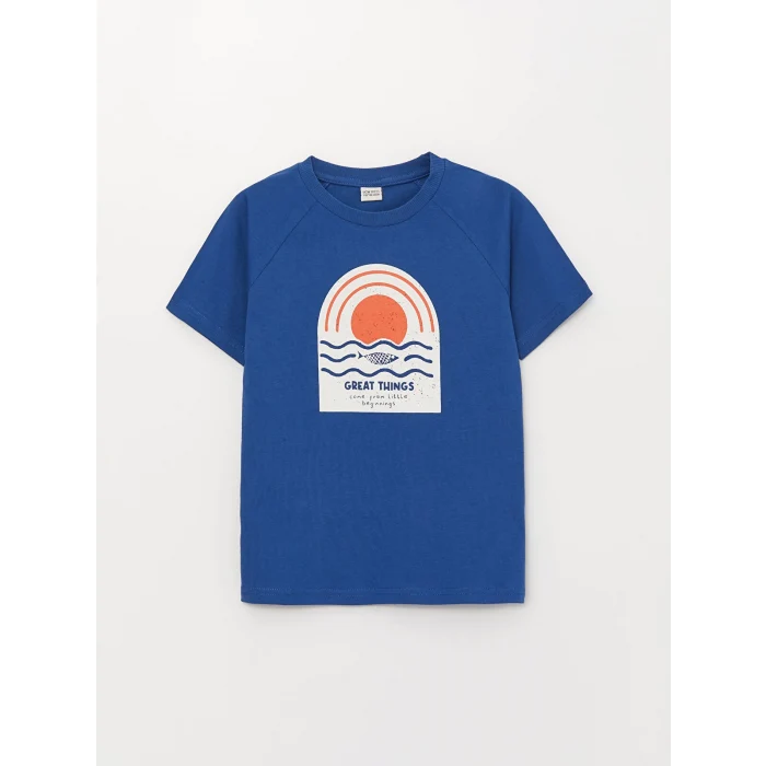 LCW Kids Mavi Bisiklet Yaka Baskılı Kısa Kollu Erkek Çocuk Tişört ve Bermuda