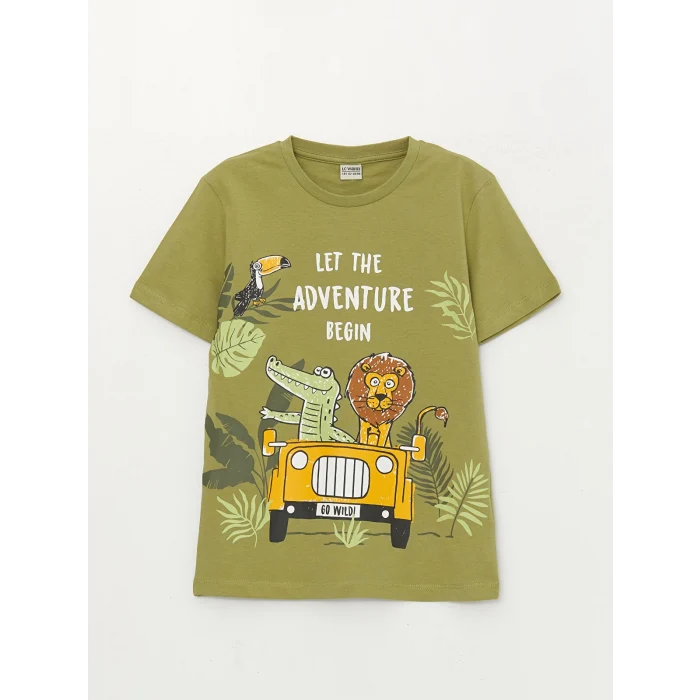 LCW Kids Yeşil Bisiklet Yaka Baskılı Kısa Kollu Erkek Çocuk Tişört ve Şort