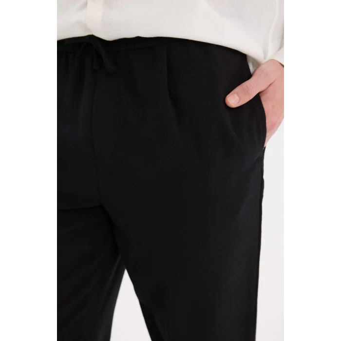 Defacto E4790 Siyah Relax Fit Rahat Kesim Kısa Paça Keten Görünümlü Yazlık Kumaş Pantolon