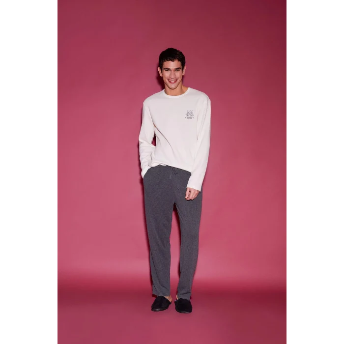 Defacto E6833 Ekru Pijama Takımı Baskılı Uzun Kollu Üst Uzun Alt