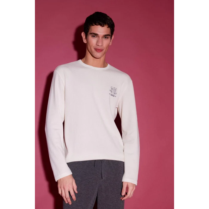 Defacto E6833 Ekru Pijama Takımı Baskılı Uzun Kollu Üst Uzun Alt