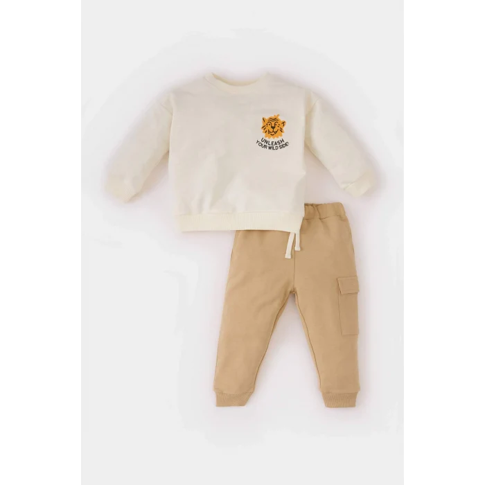 Defacto D9594 Ekru Erkek Bebek 2li Takım Bisiklet Yaka Baskılı Sweatshirt Beli Lastikli Eşofman Altı