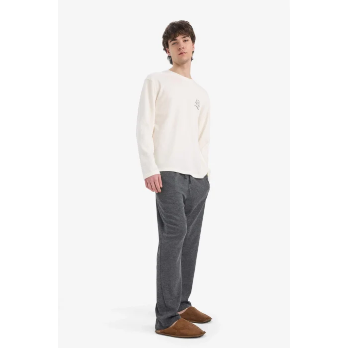 Defacto E6833 Ekru Pijama Takımı Baskılı Uzun Kollu Üst Uzun Alt