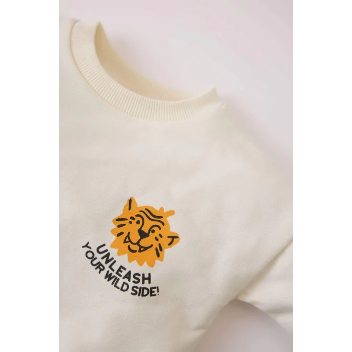 Defacto D9594 Ekru Erkek Bebek 2li Takım Bisiklet Yaka Baskılı Sweatshirt Beli Lastikli Eşofman Altı